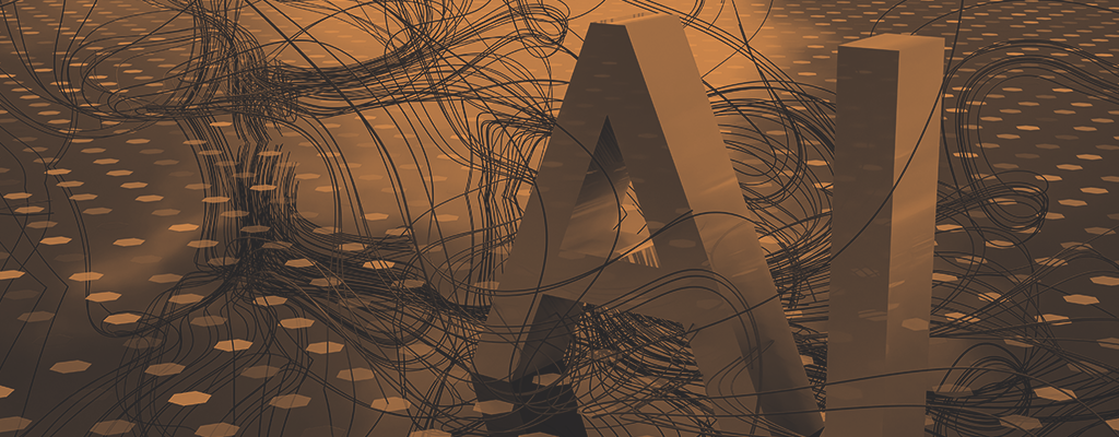 Illustration of large AI letters intertwined with complex network cables, symbolizing the Democratization of AI